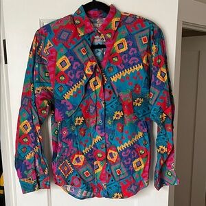Vintage Wrangler Multicolor Shirt Front Key Hole Collared 90s 80s Maximalist